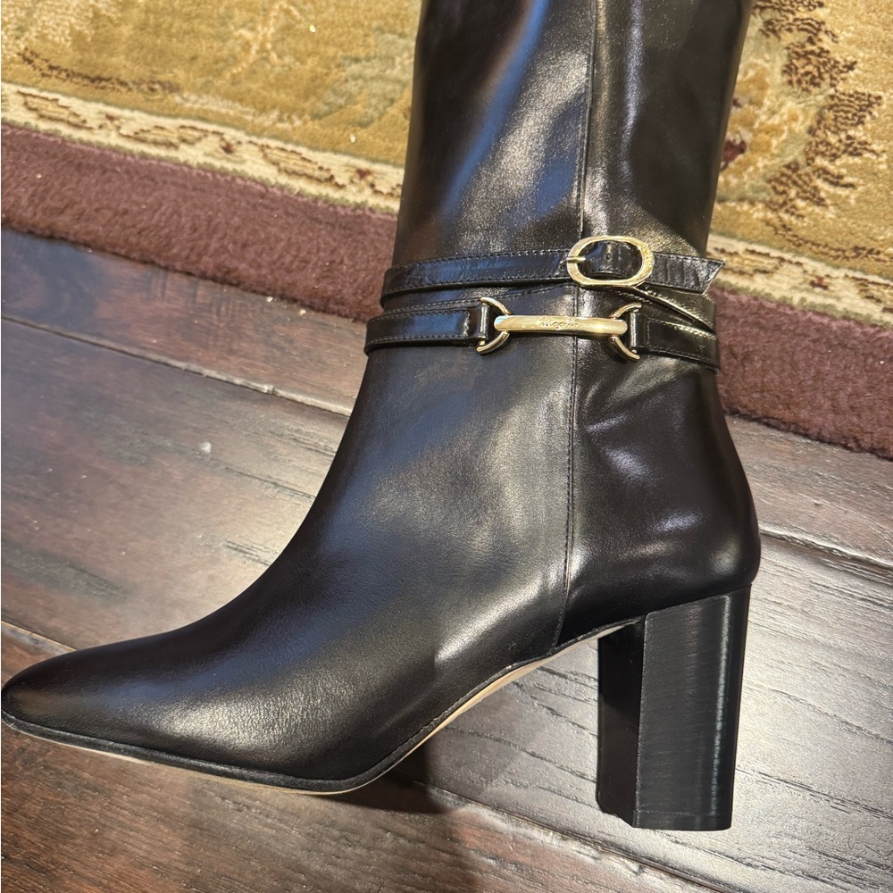 New Bruno Magli Black Adriana Knee High Block Heel Leather Boot - Picture 6 of 13